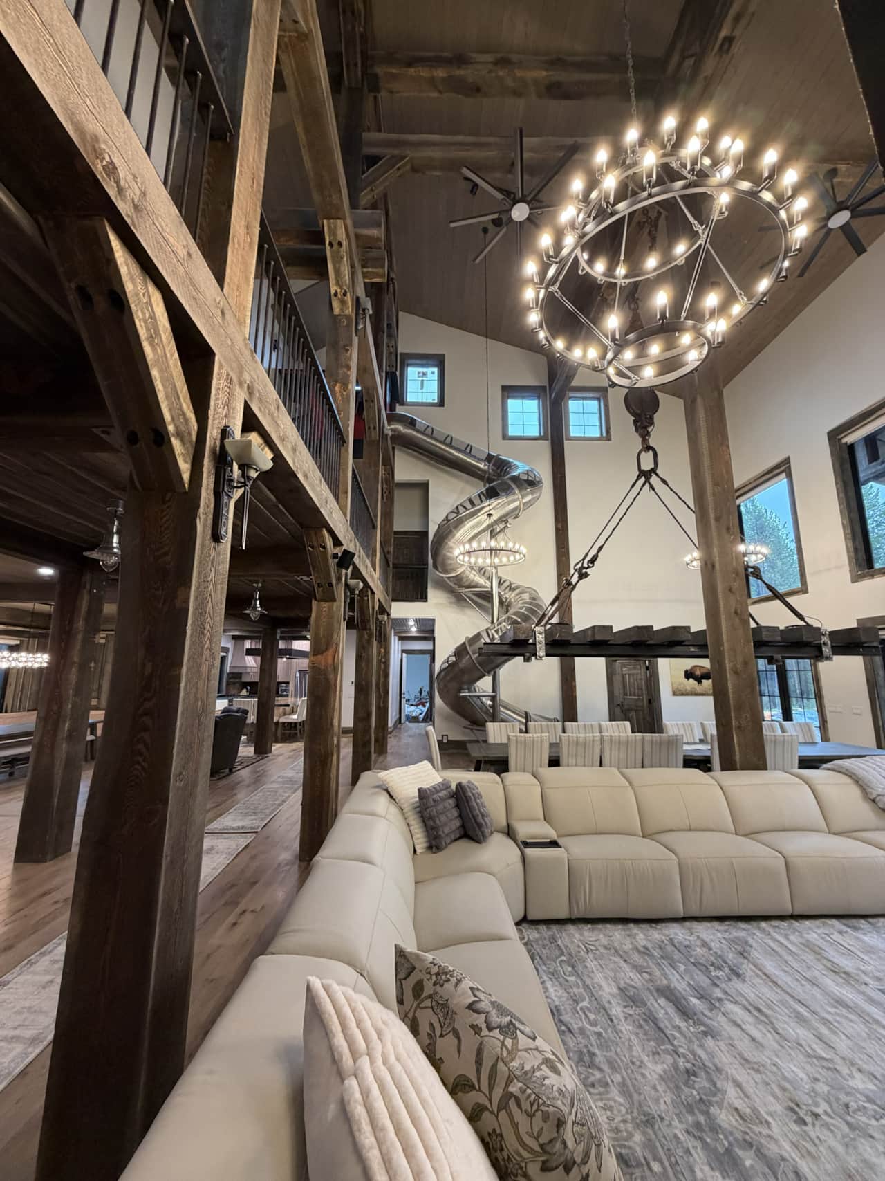 Soaring great room with a one-of-a-kind indoor spiral slide