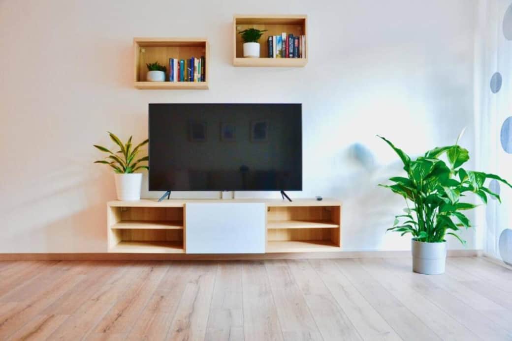 Smart-TV mit Netflix und Waipu TV inklusive sowie eine kleine Auswahl an Büchern.