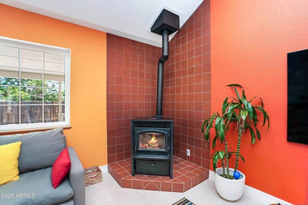 Cozy indoor fireplace for cool desert evenings—adds warmth and comfort to your stay