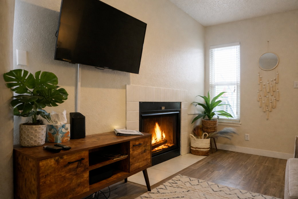 Snuggle up by the real fireplace! Just bring your own firewood and you’re all set.