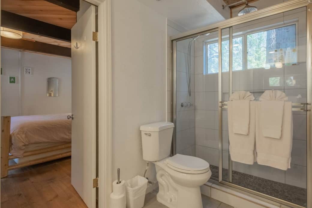 Downstairs bathroom looking in to bedroom #1