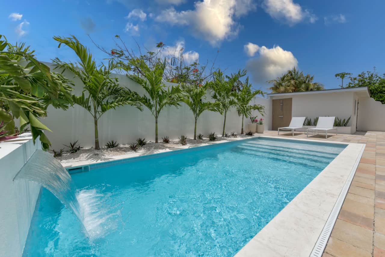Private pool in backyard with sun loungers and outdoor shower