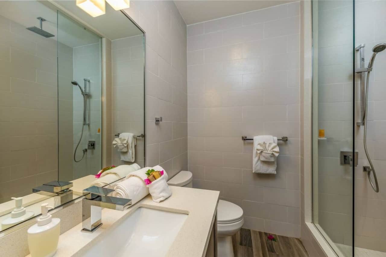 Full bathroom with walk-in shower, make up cloths, shampoo, conditioner and body wash.