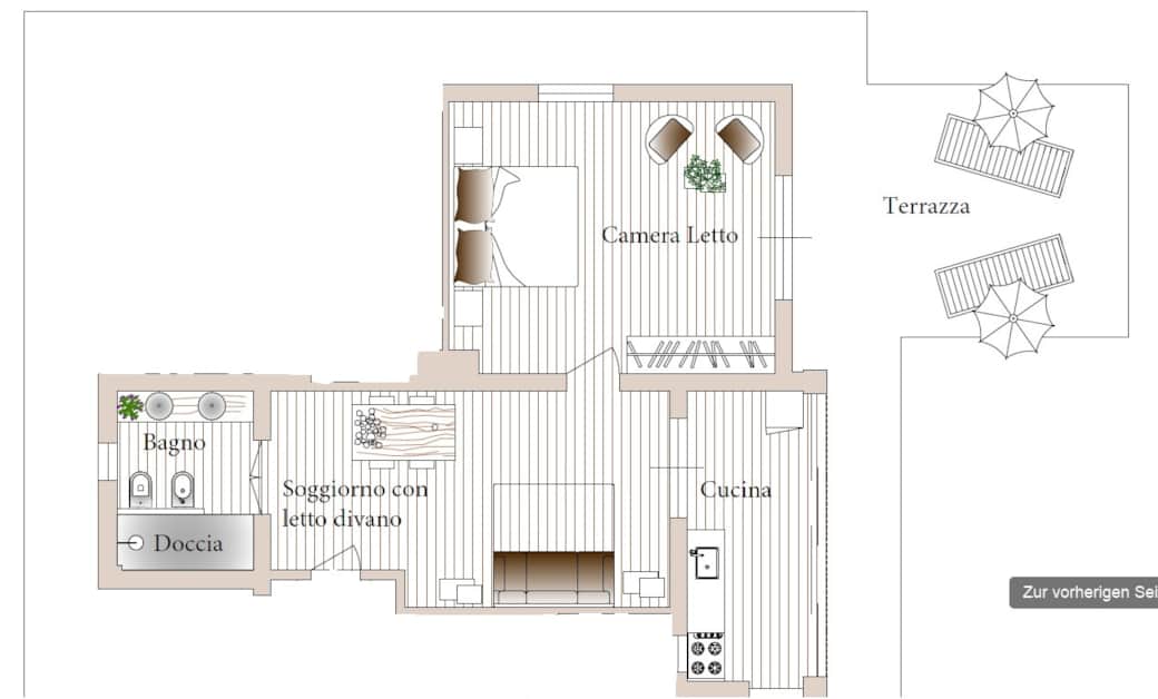 Appartamento 1 camera letto, soggiorno con letto divano, terrazza