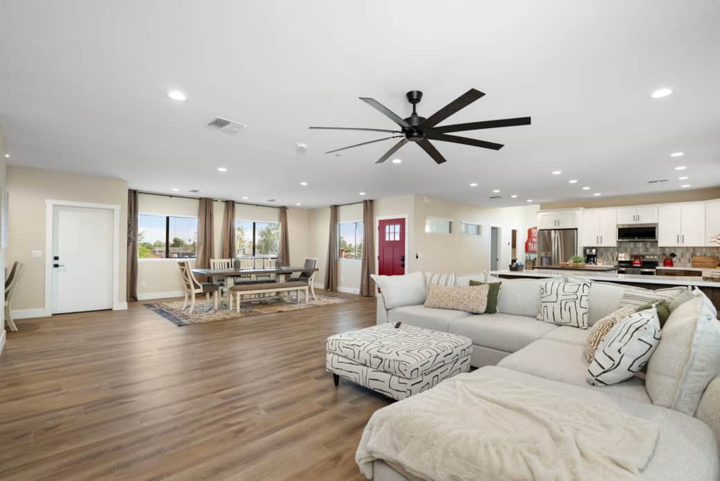 Open floor plan connects living, dining, and kitchen areas. Open floor plan connects living, dining, and kitchen areas.