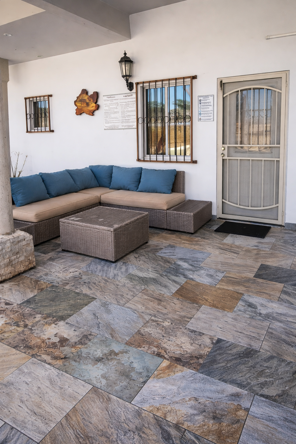 Cozy outdoor patio with wicker seating 