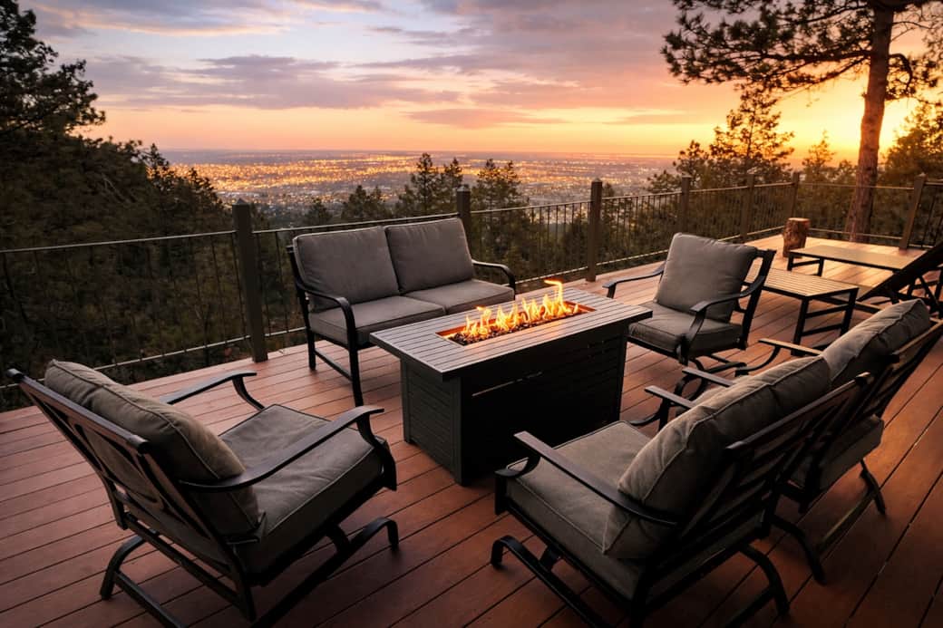 Huge deck with fabulous city views, comfy chairs and firepit