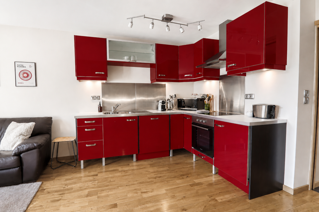 A vibrant, fully equipped kitchen.