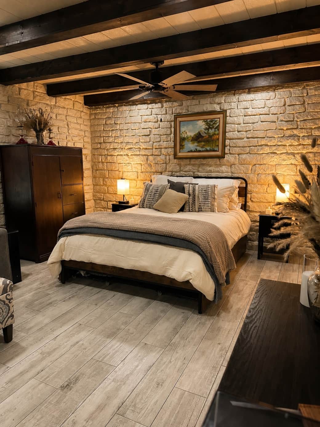 Relax in a plush queen size bed with soft linens 