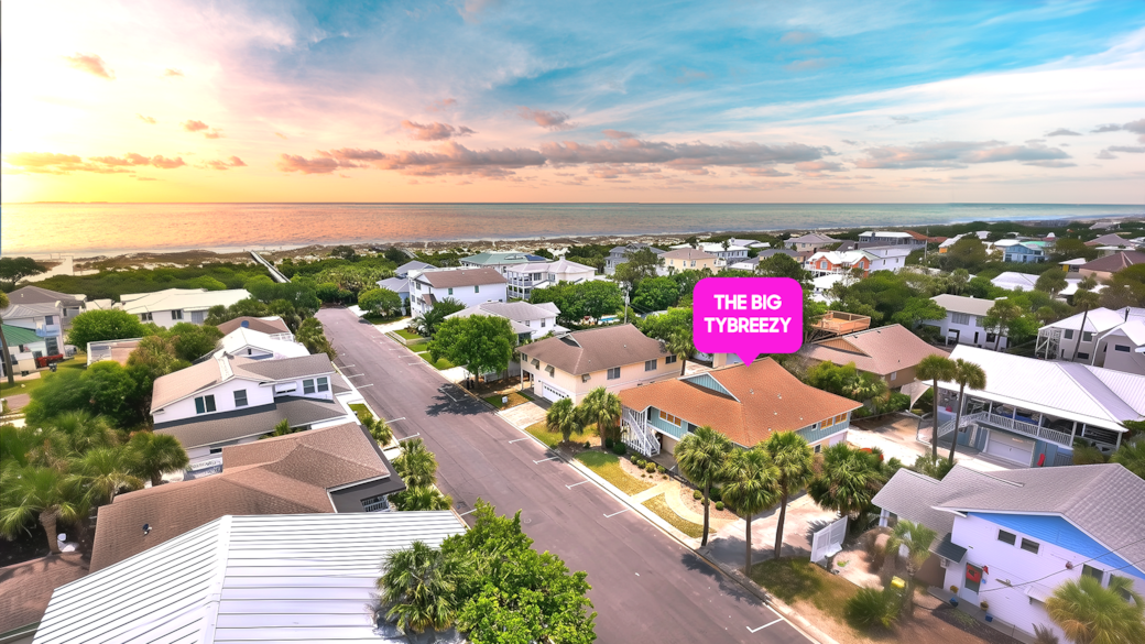 Aerial view of The Big Tybreezy vacation rental on Tybee Island, steps from the beach