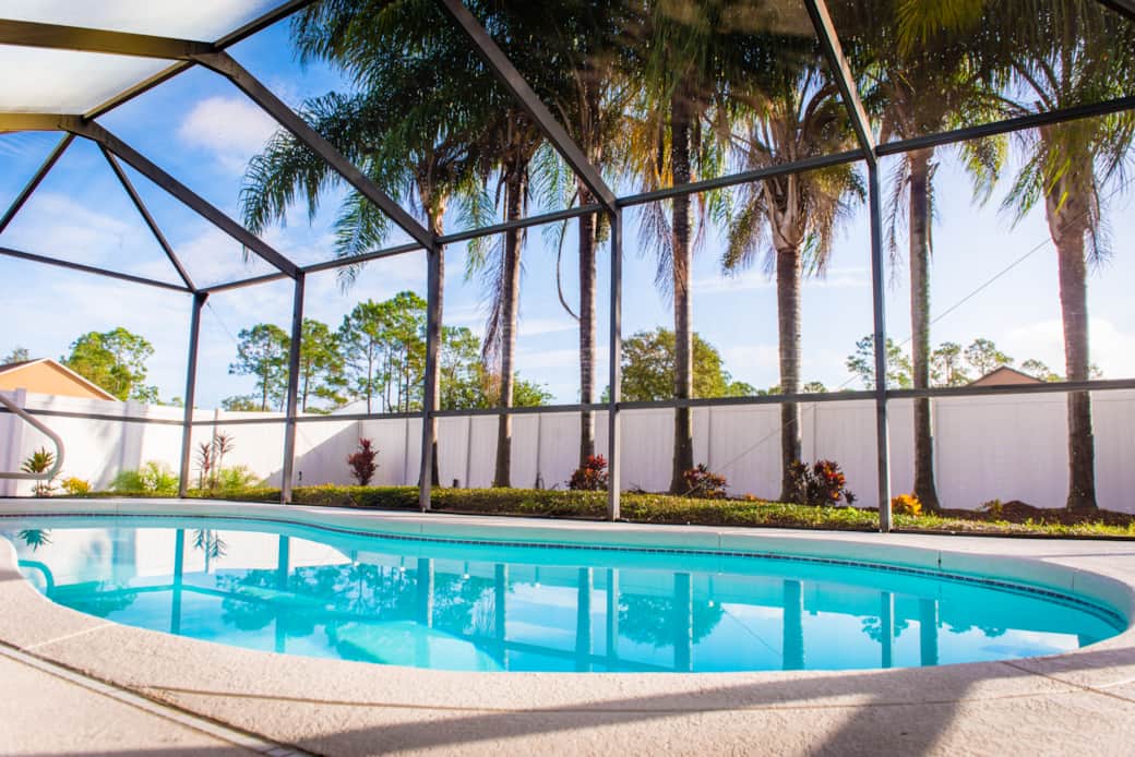 Heated Pool in Screened-In Lanai, Palm trees in backyard Heated Pool in Screened-In Lanai, Palm trees in backyard