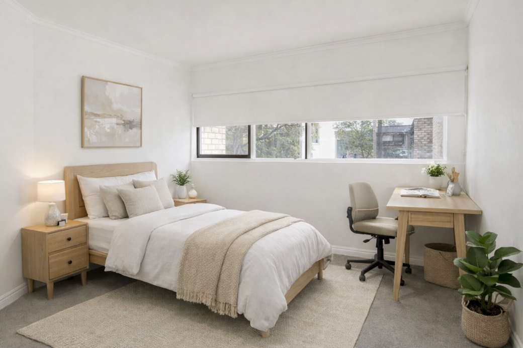 Room 2: Bright and cozy queen bedroom featuring modern furnishings, a dedicated desk, and a peaceful atmosphere for a relaxing stay