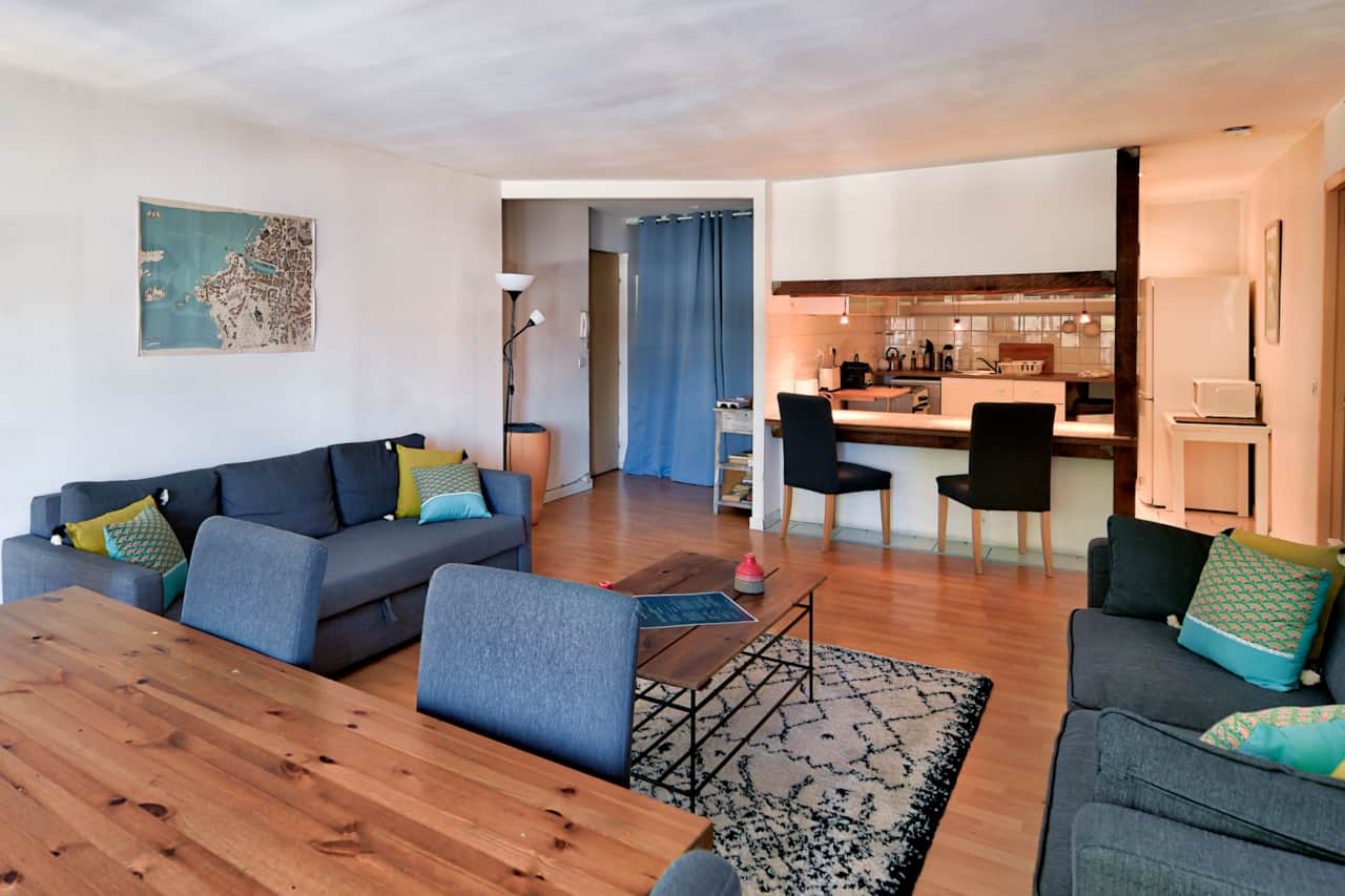 Living/dining room with a view into the kitchen