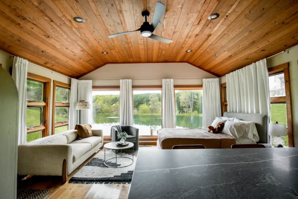 Interior of Pond Slider cabin with warm rustic design