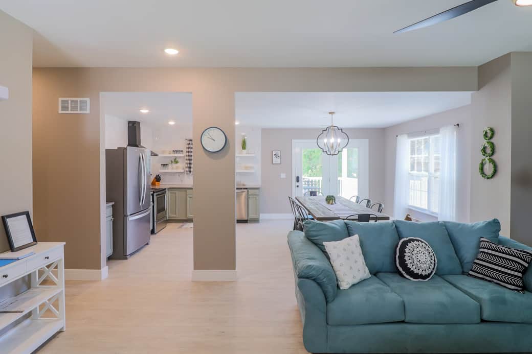 View when you walk in front door.  Couch shown is a sleeper sofa.