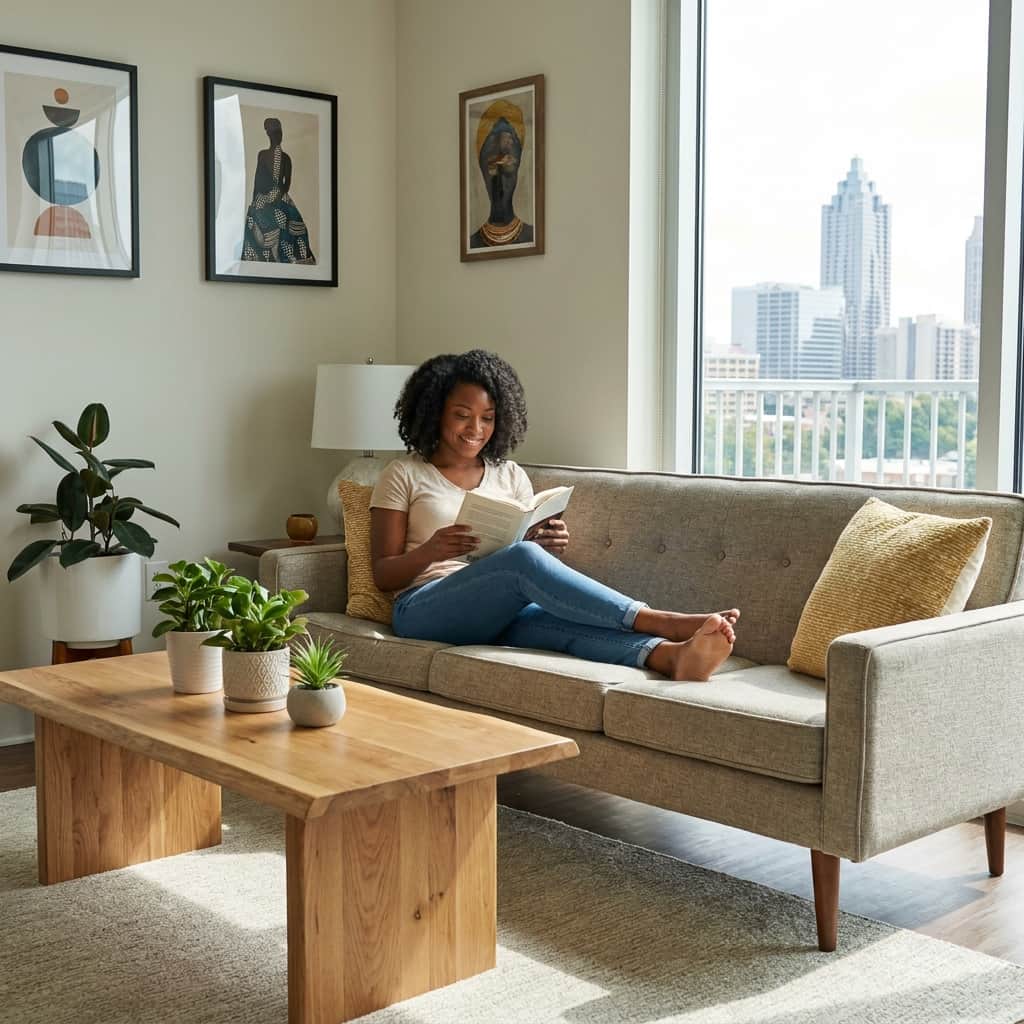 Cozy lounge nook with city views, ideal for studying or relaxing. Cozy lounge nook with city views, ideal for studying or relaxing.