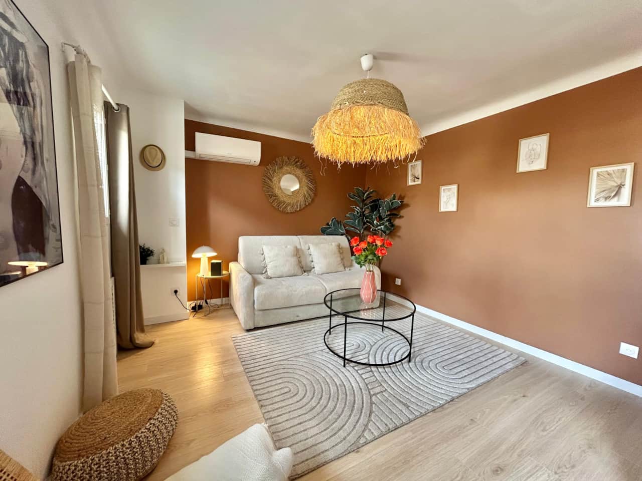 living room, TV, convertible sofa, kitchen