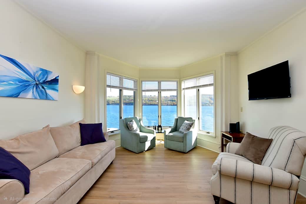 Living room includes queen sofa bed, Roku smart TV, large bay windows facing Seneca Lake