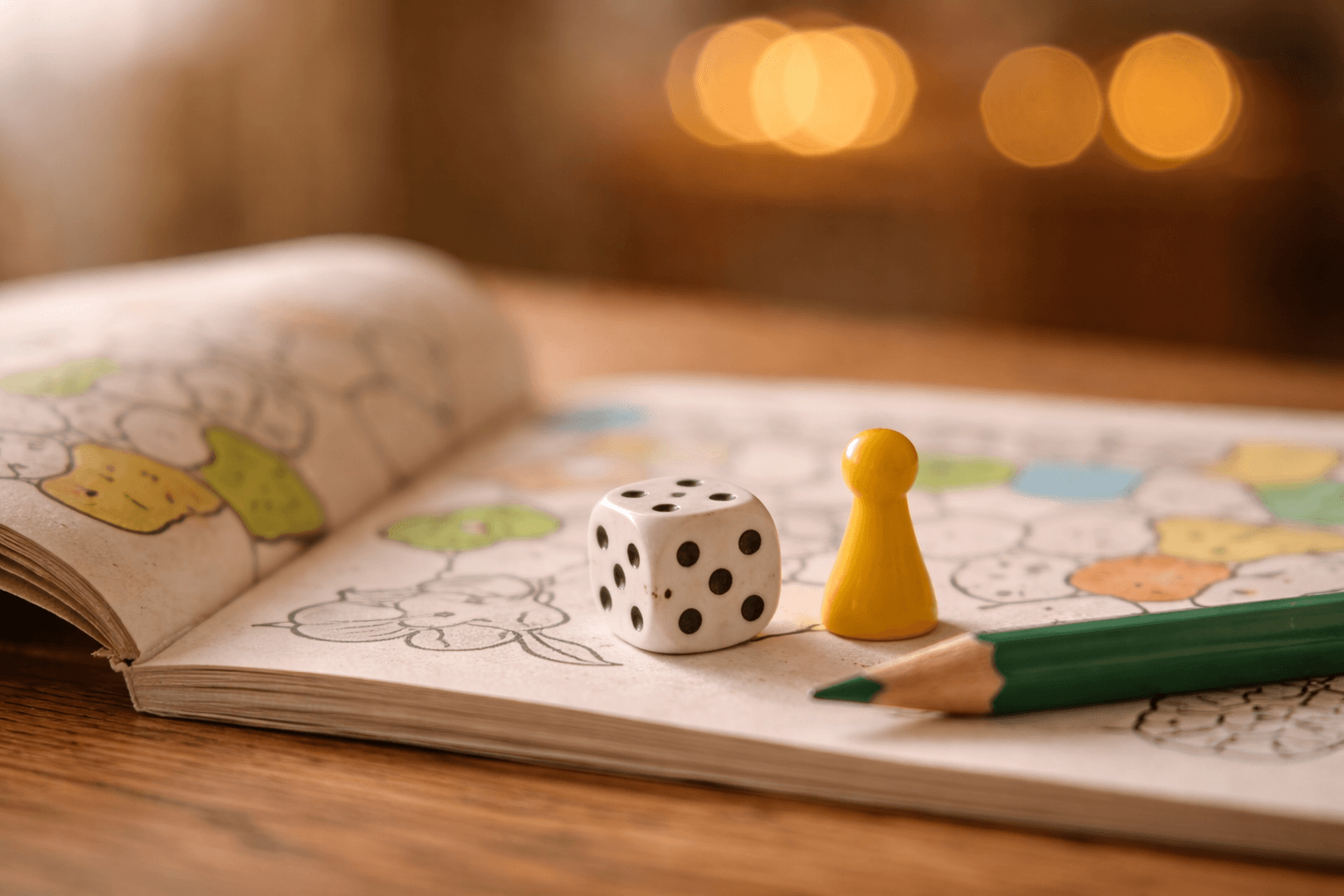 Playing dice and a yellow game piece on an open colouring book, next to it a green coloured pencil, in warm light on a wooden table.