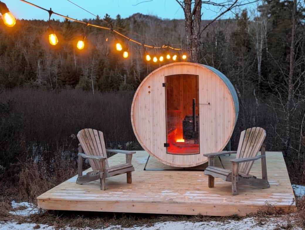 Our barrel sauna is a great way to unwind after an active day outside. It comfortably seats 4 adults