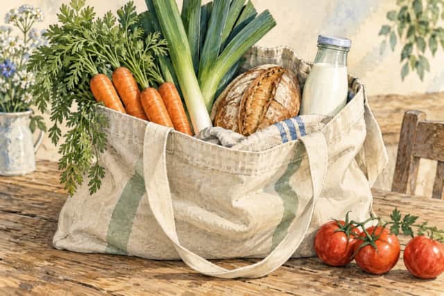 Watercolour illustration of a grocery bag with vegetables, bread and milk