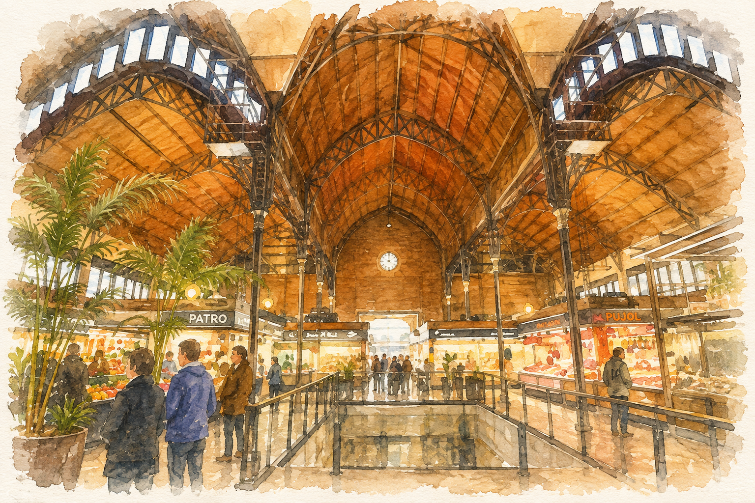 Watercolour illustration of Mercat Central in Tarragona