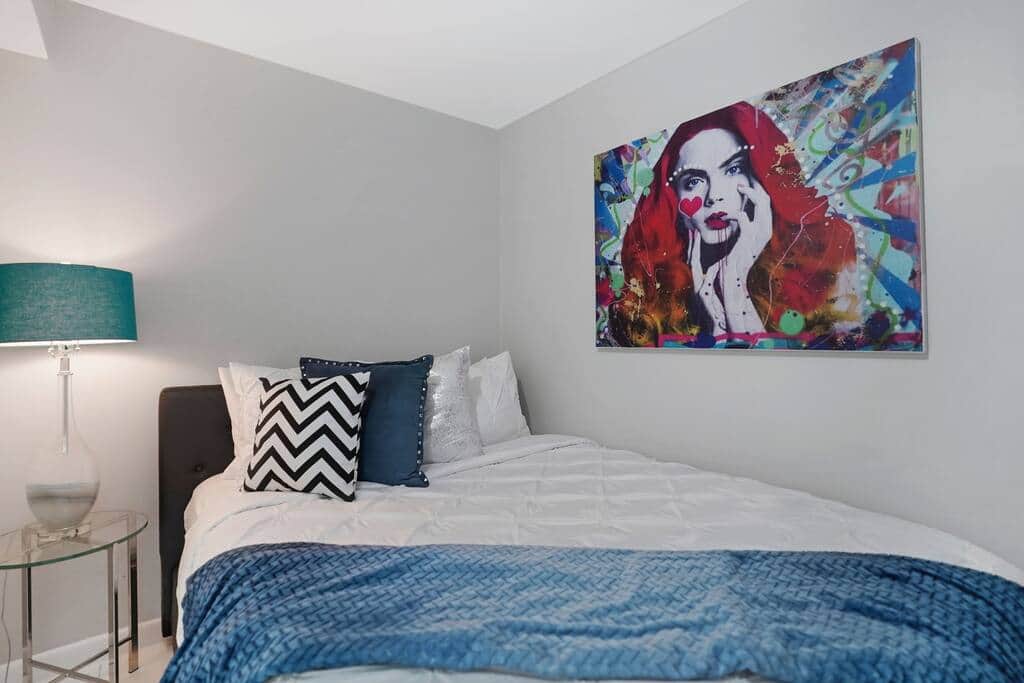 4th interior jr. size small bedroom, queen bed, Roku streaming tv