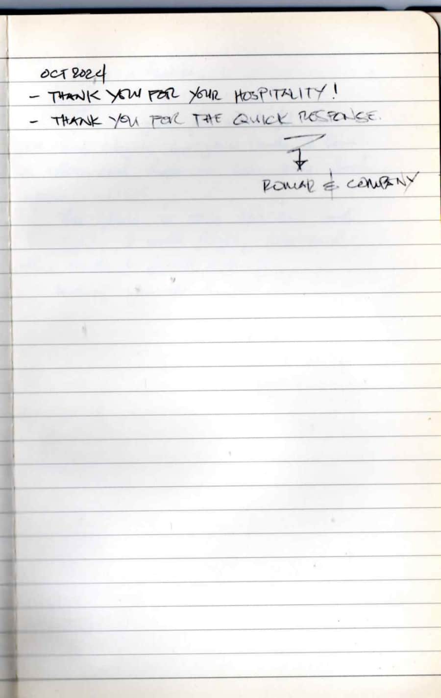 Handwritten guest note from Raya P09 guest book