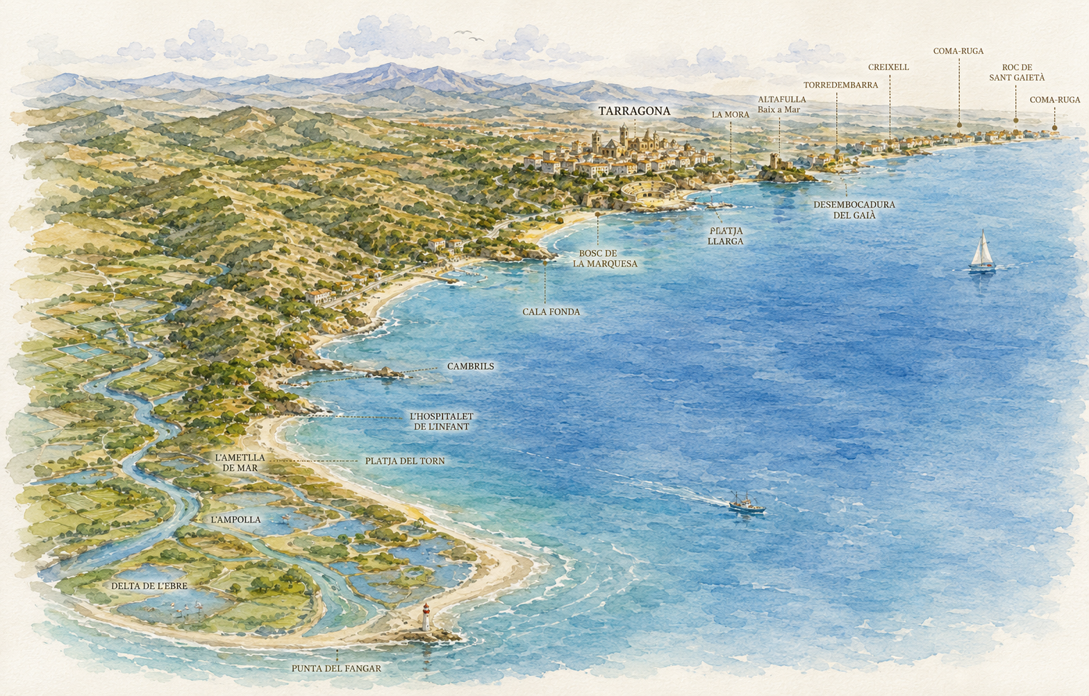 Watercolour map of the Mediterranean coast of Tarragona