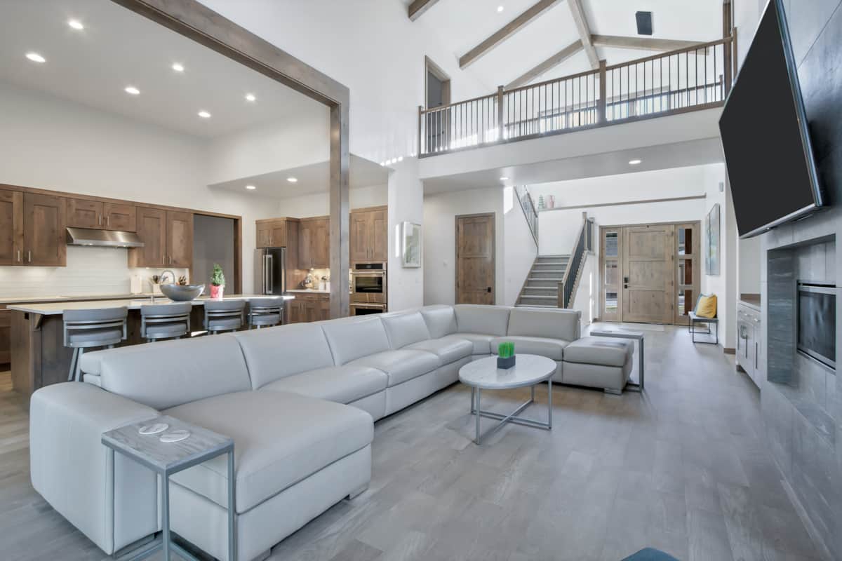 Great room with vaulted ceilings and fireplace