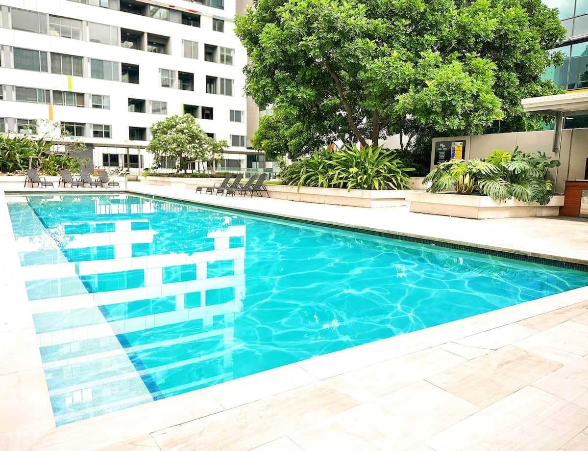 Outdoor 20-meter pool heated to 28 degrees Celsius during the colder month.
Building's recreational area has a pool with sun lounges, two BBQ areas and a small garden. 