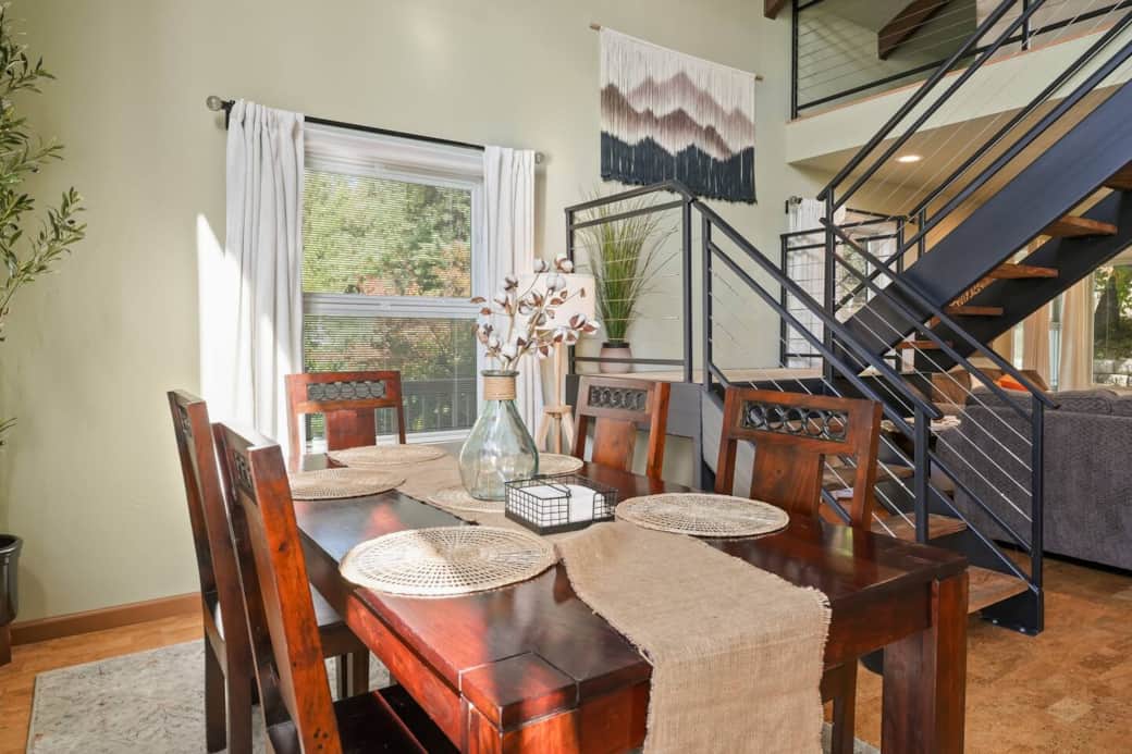 Dining room includes high end solid wood table and chairs. Seating for 6. Dining room includes high end solid wood table and chairs. Seating for 6.