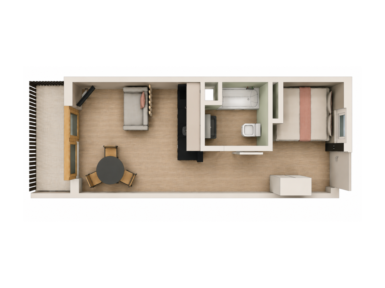 Grundriss der Ferienwohnung mit separater Schlafnische und Balkon, Leukerbad, Wallis