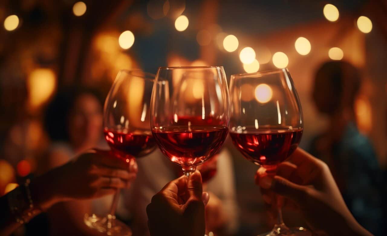 Mehrere Weingläser beim Anstoßen in stimmungsvoller Abendbeleuchtung