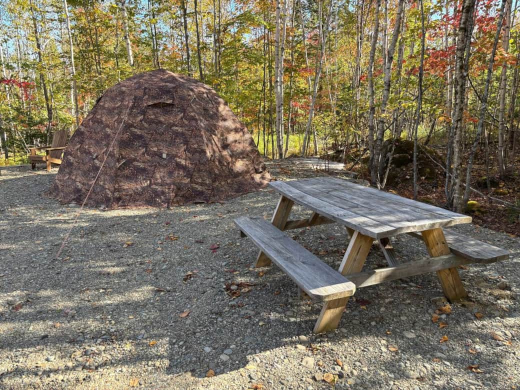 Russian Bear 5-person hot tent with wood stove, fire pit, and picnic table. Russian Bear 5-person hot tent with wood stove, fire pit, and picnic table.