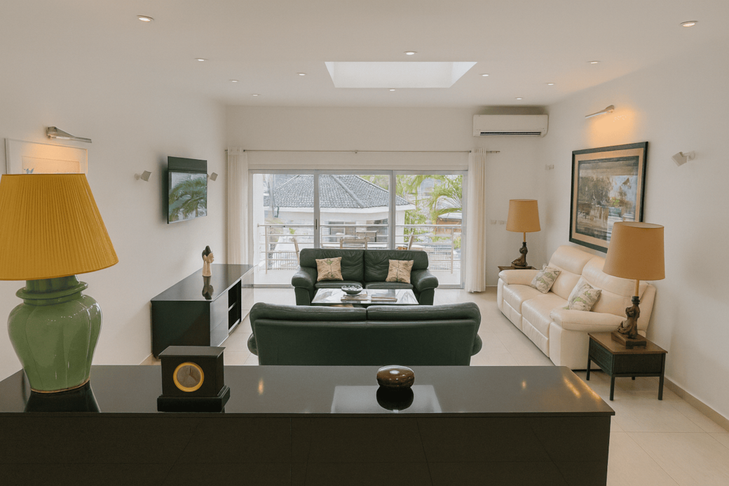 Modern Living Room with Scenic Balcony View Modern Living Room with Scenic Balcony View