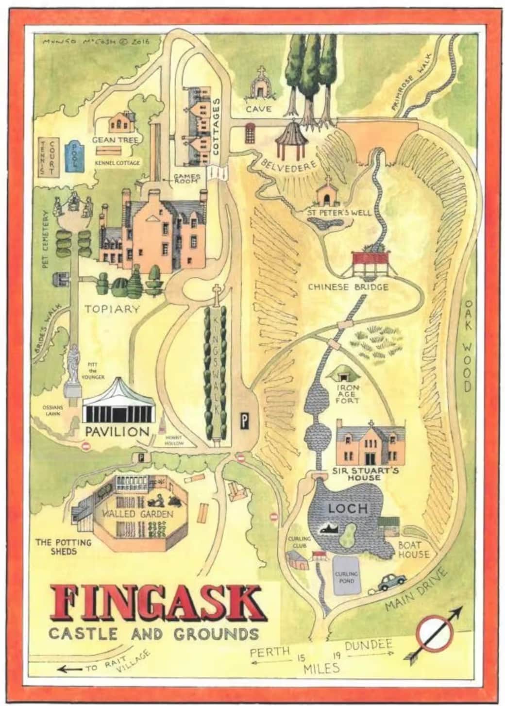 An illustrated map of Fingask 'estate', situted in a wooded glen, with the castle towards the top of