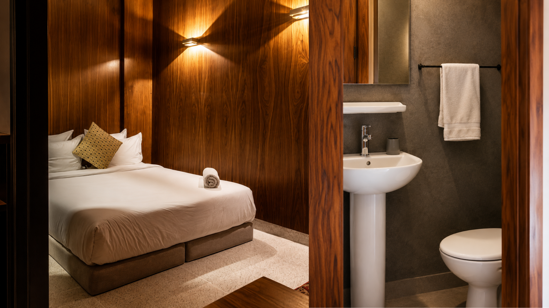 Chambre 1 — lit double, salle de bains avec douche et WC Chambre 1 — lit double, salle de bains avec douche et WC