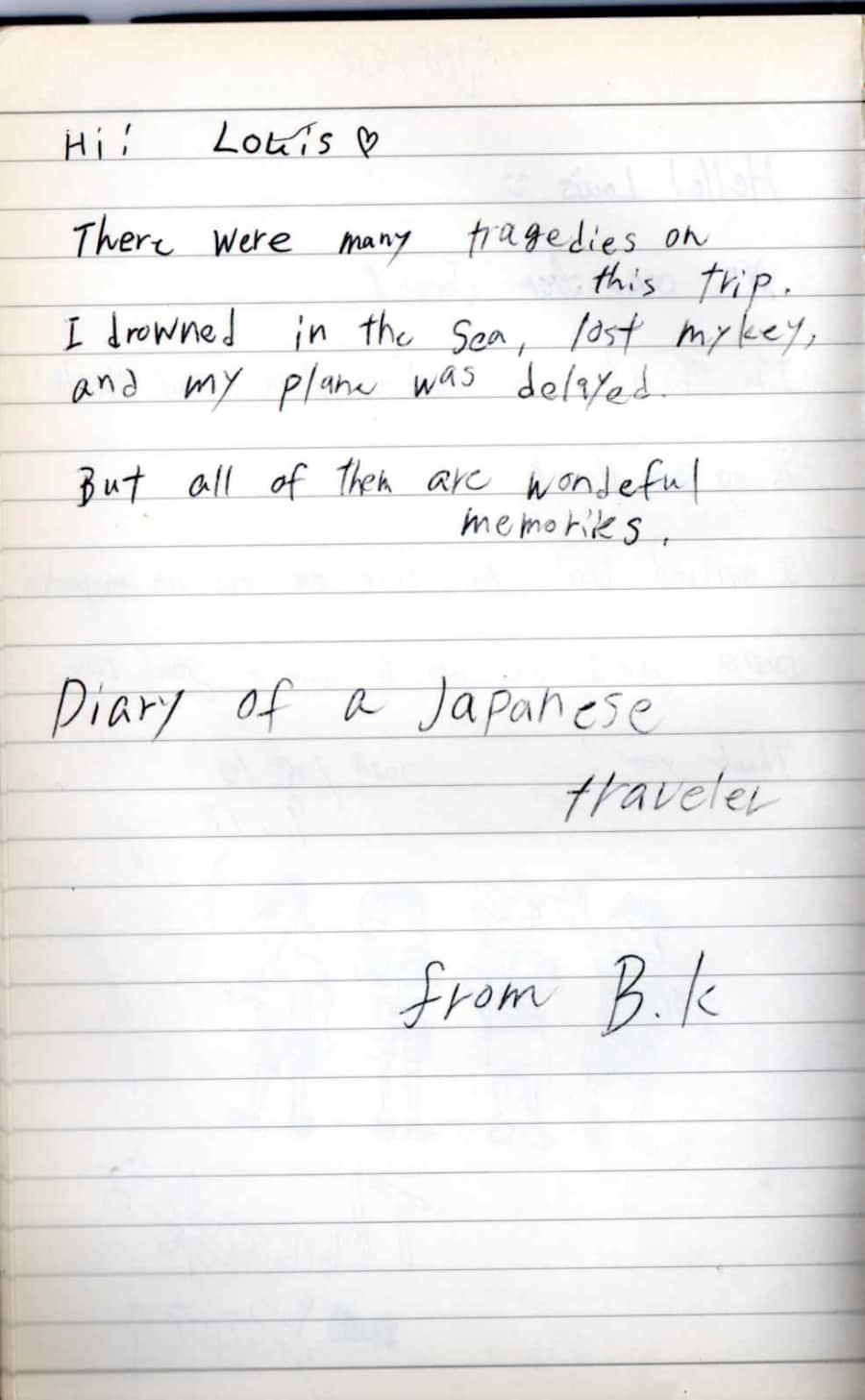 Handwritten guest note from Raya P09 guest book