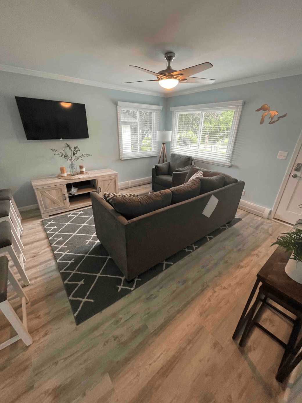 Airy living room with large windows