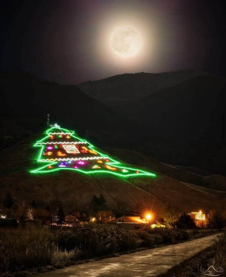 View of Salida’s glowing, Tenderfoot Mountain holiday display.