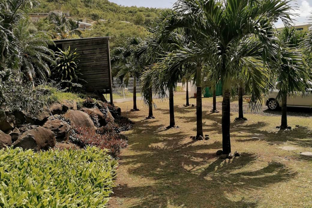 L'entrée principale de la villa, arborée d'une allée de palmiers, donne accès à un parking privé. Une clôture végétale constituée d'un enrochement et de plantations diverses met en valeur un espace purement végétalisé...