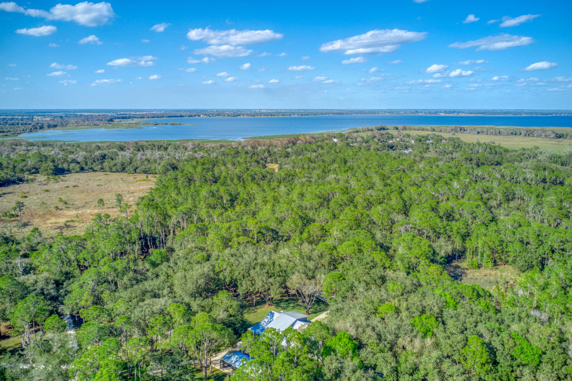 Aerial showing lakes and countryside near the ranch