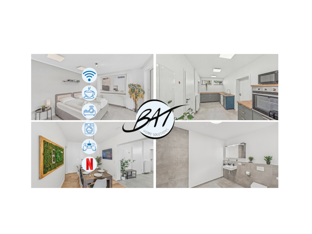 Helle moderne Wohnung: Schlafbereich mit zwei Betten, graue Küche, Essbereich und graues Bad.
