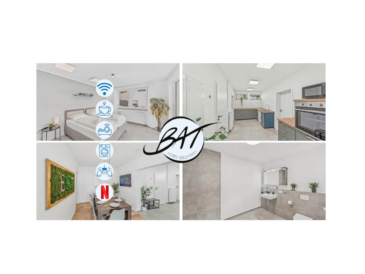 Helle moderne Wohnung: Schlafbereich mit zwei Betten, graue Küche, Essbereich und graues Bad.