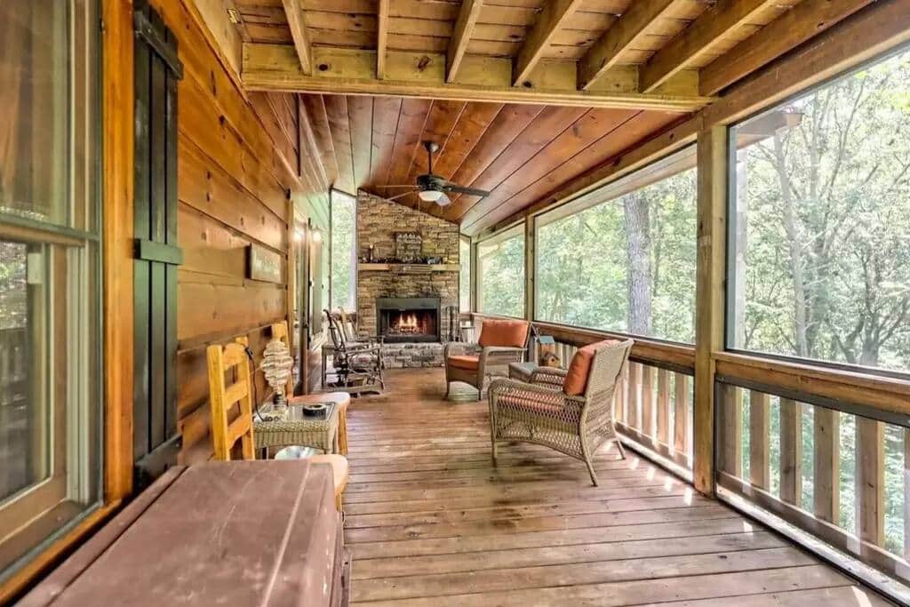 Screened in deck with wood burning fireplace 