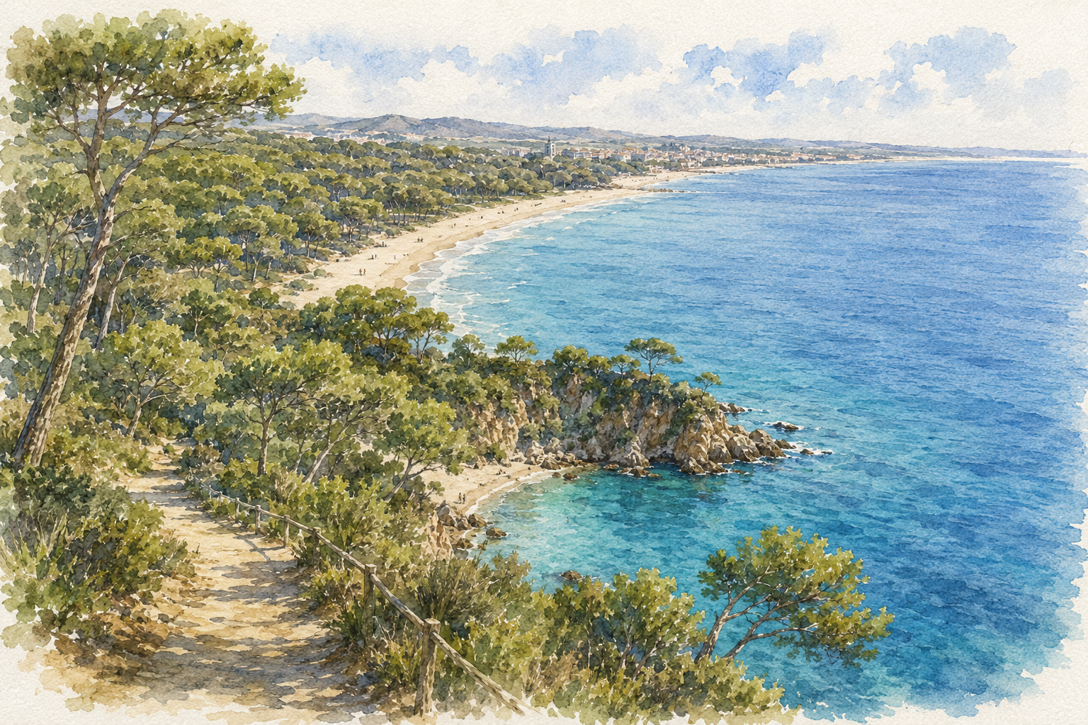 Watercolour of the natural Mediterranean coast near Tarragona