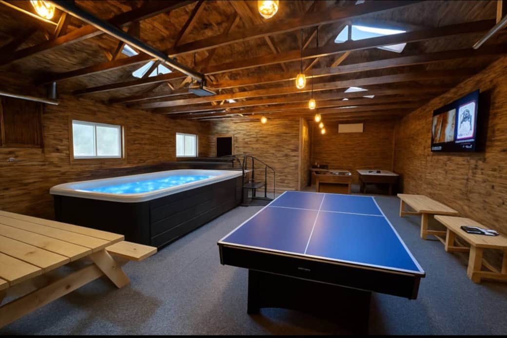 Entertainment amenities at BizLodge – pool, hockey, and lounge at The Premium Play Haus Entertainment amenities at BizLodge – pool, hockey, and lounge at The Premium Play Haus