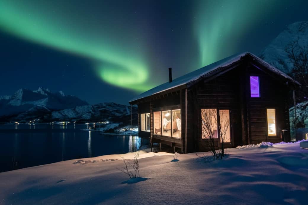Magisches Nordlicht über Blockhütte – Aurora Borealis am Ferienhaus Tind in Nordnorwegen