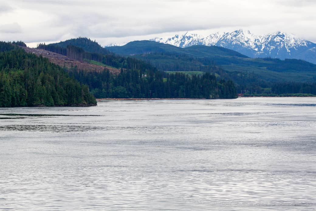 Snowcapped Pacific Ranges above Johnstone Strait near Cormorant Island